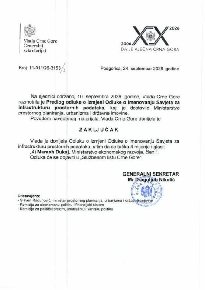 Predlog odluke o izmjeni Odluke o imenovanju Savjeta za infrastrukturu prostornih podataka - Zaključci