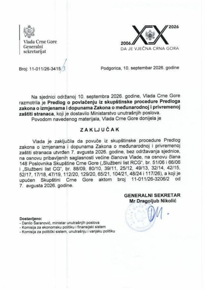 Predlog o povlačenju iz skupštinske procedure Predloga zakona o izmjenama i dopunama Zakona o međunarodnoj i privremenoj zaštiti stranaca - Zaključci