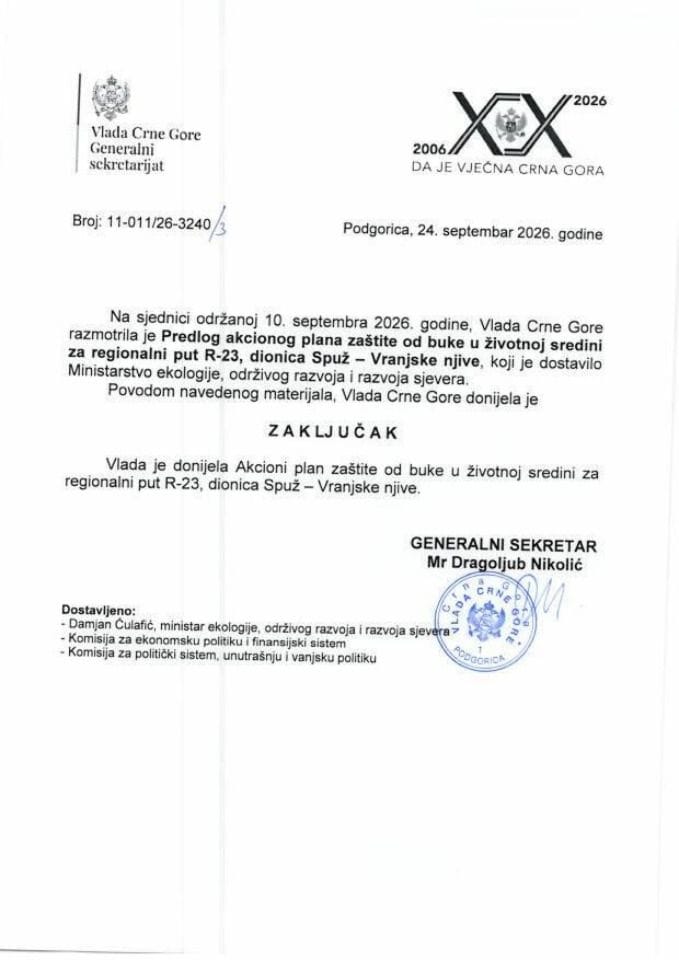 Predlog akcionog plana zaštite od buke u životnoj sredini za regionalni put R-23, dionica Spuž - Vranjske Njive - Zaključci