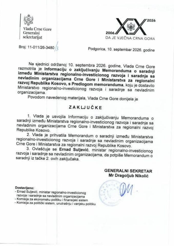 Informacija o zaključivanju Memoranduma o saradnji između Ministarstva regionalno-investicionog razvoja i saradnje sa nevladinim organizacijama Crne Gore i Ministarstva za regionalni razvoj Republike Kosovo s Predlogom memoranduma - Zaključci