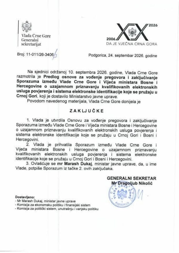 Predlog osnove za vođenje pregovora i zaključivanje Sporazuma između Vlade Crne Gore i Vijeća ministara Bosne i Hercegovine o uzajamnom priznavanju kvalifikovanih elektronskih usluga povjerenja i sistema elektronske identifikacije - Zaključci