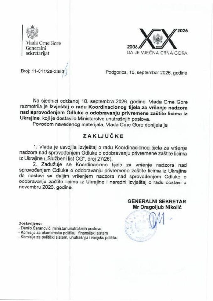 Izvještaj o radu Koordinacionog tijela za vršenje nadzora nad sprovođenjem Odluke o odobravanju privremene zaštite licima iz Ukrajine - Zaključci