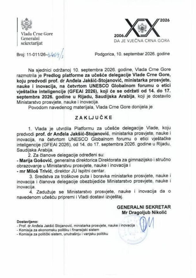 Predlog platforme za učešće delegacije Vlade Crne Gore, koju predvodi prof. dr Anđela Jakšić-Stojanović, ministarka prosvjete, nauke i inovacija, na četvrtom UNESCO Globalnom forumu o etici vještačke inteligencije - Zaključci
