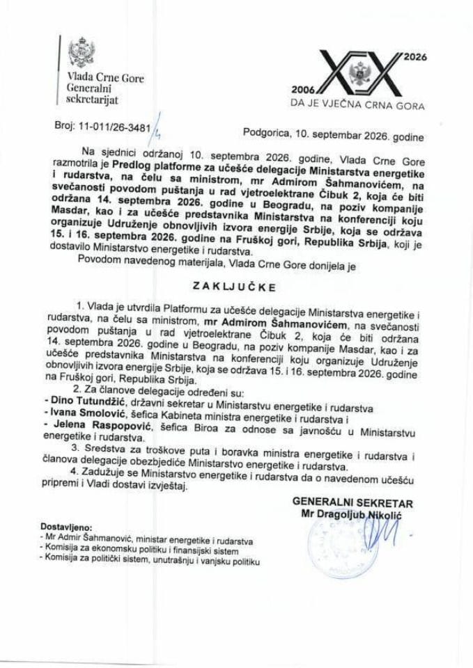 Predlog platforme za učešće delegacije Ministarstva energetike i rudarstva na čelu sa ministrom mr Admirom Šahmanovićem na svečanosti povodom puštanja u rad vjetroelektrane Čibuk 2 - Zaključci