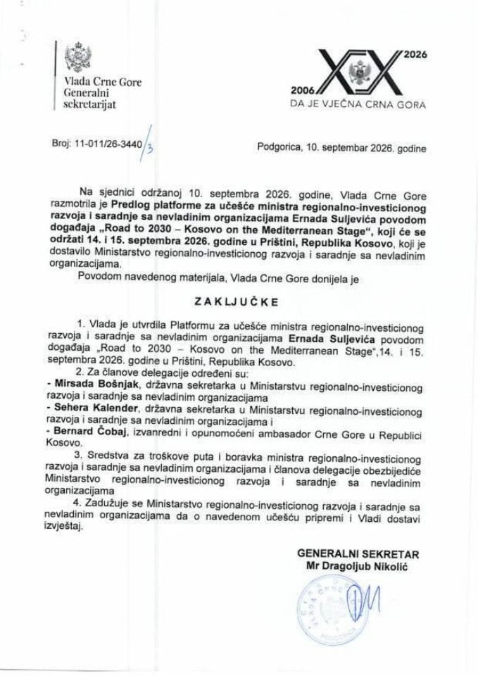Predlog platforme za učešće ministra regionalno-investicionog razvoja i saradnje sa nevladinim organizacijama, Ernada Suljevića, povodom događaja „Kosovo on the Mediterranean Stage“ - Zaključci