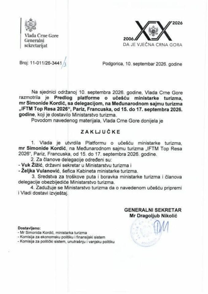 Predlog platforme o učešću ministra turizma mr Simonide Kordić, sa delegacijom, na međunarodnom sajmu turizma „IFTM Top Resa 2026“, Pariz, Francuska, od 15. do 17. septembra 2026. godine - Zaključci