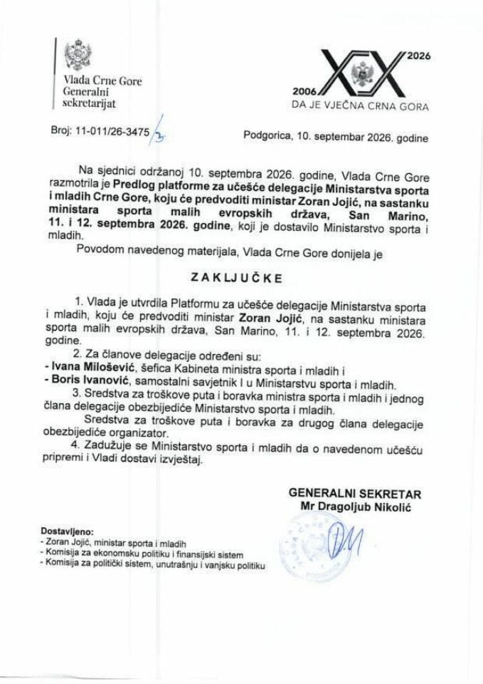 Predlog platforme za učešće delegacije Ministarstva sporta i mladih Crne Gore, koju će predvoditi ministar Zoran Jojić, na sastanku ministara sporta malih evropskih država, San Marino, 11. i 12. septembra 2026. godine - Zaključci