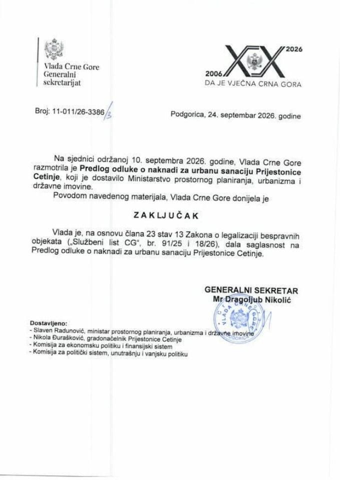 Predlog odluke o naknadi za urbanu sanaciju Prijestonice Cetinje - Zaključci
