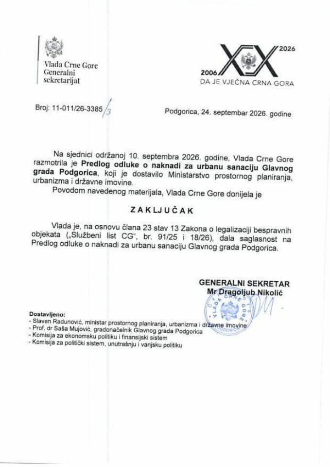 Predlog odluke o naknadi za urbanu sanaciju Glavnog grada Podgorica - Zaključci