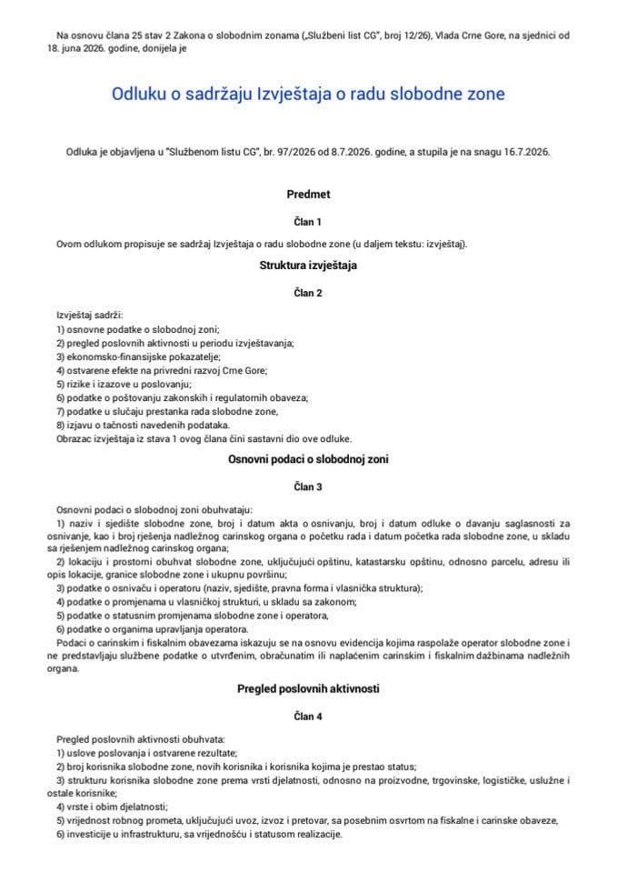 Odluka o sadrzaju Izvjestaja o radu slobodne zone