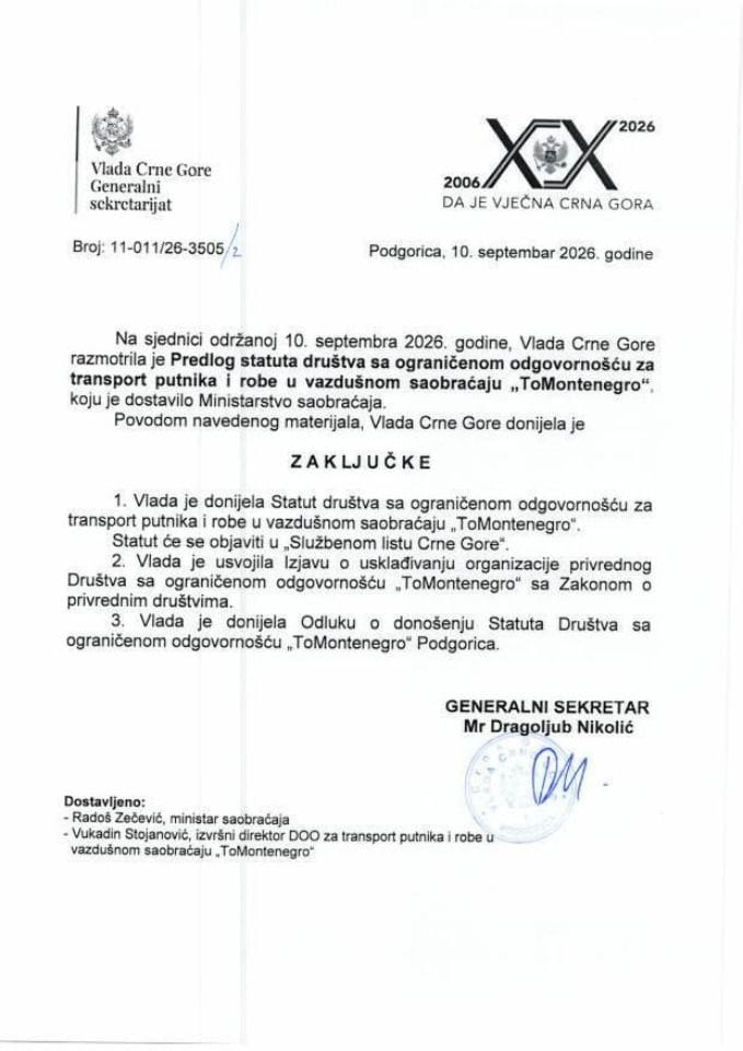 Predlog statuta društva sa ograničenom odgovornošću za transport putnika i robe u vazdušnom saobraćaju „ToMontenegro“ - Zaključci