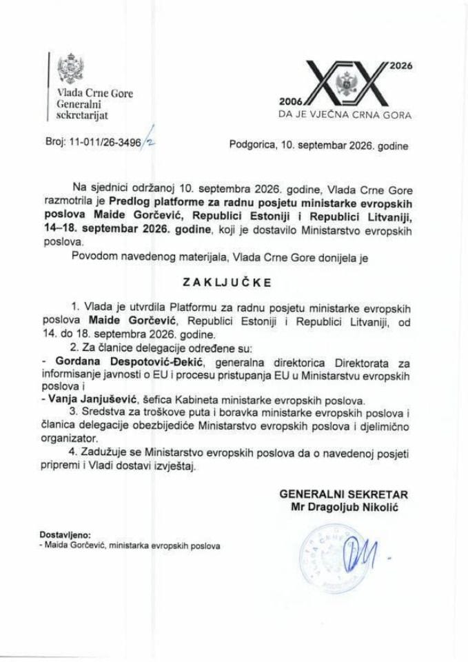 Predlog platforme za radnu posjetu ministarke evropskih poslova Maide Gorčević Republici Estoniji i Republici Litvaniji, 14-18. septembar 2026. godine - Zaključci