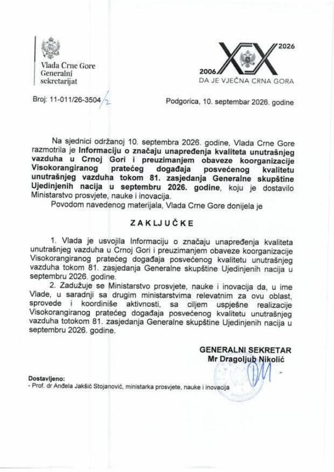 Informacija o značaju unapređenja kvaliteta unutrašnjeg vazduha u Crnoj Gori i preuzimanju obaveze koorganizacije visokorangiranog pratećeg događaja posvećenog kvalitetu unutrašnjeg vazduha tokom 81. zasjedanja Generalne skupštine UN - Zaključci