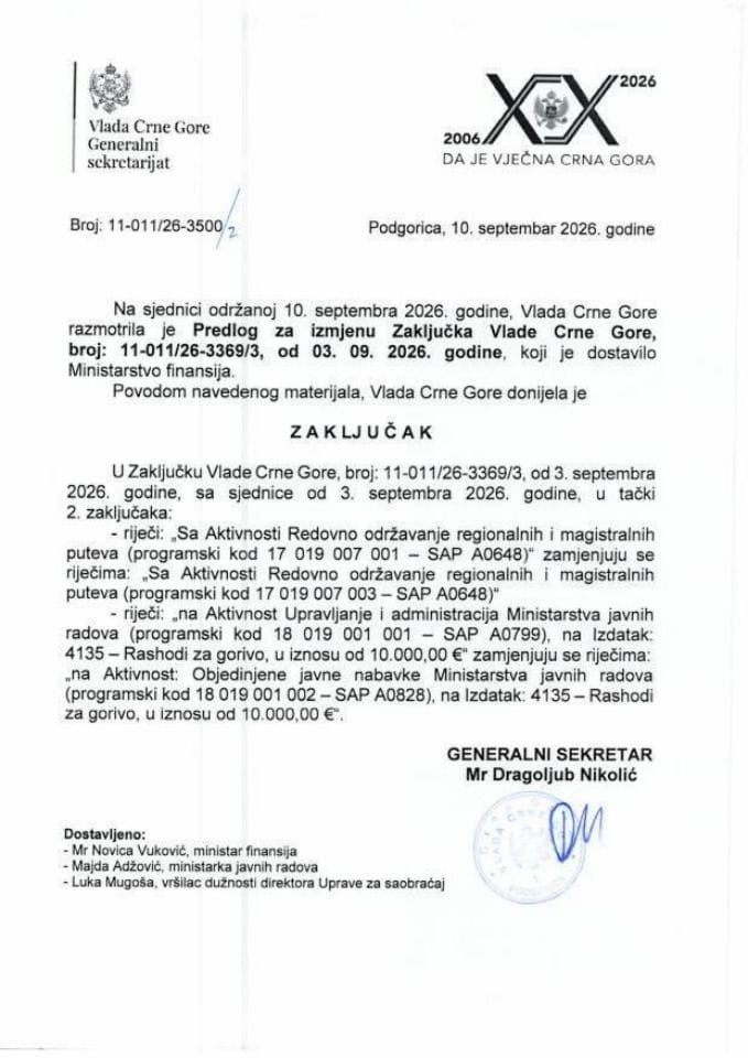Predlog za izmjenu Zaključka Vlade Crne Gore, broj: 11-011/26-3369/3, od 03.09.2026. godine - Zaključci