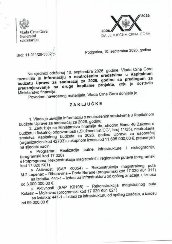 Informacija o neutrošenim sredstvima u Kapitalnom budžetu Uprave za saobraćaj za 2026. godinu sa predlogom za preusmjeravanje na druge kapitalne projekte - Zaključci