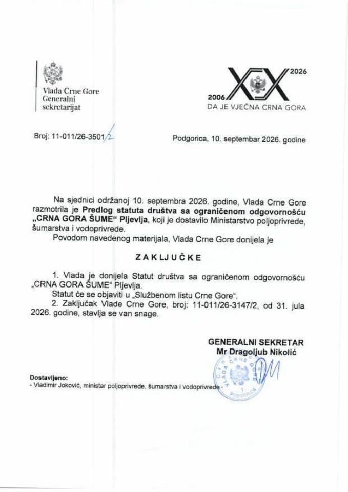 Predlog statuta društva sa ograničenom odgovornošću „CRNA GORA ŠUME„ Pljevlja - Zaključci