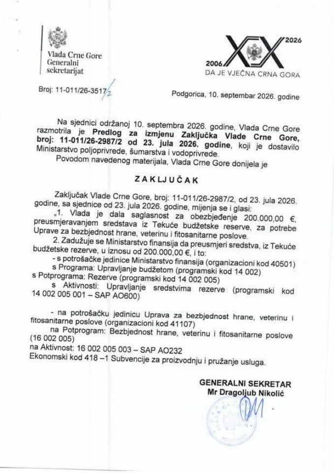 Predlog za izmjenu Zaključka Vlade Crne Gore, broj: 11-011/26-2987/2 od 23. jula 2026. godine - Zaključci