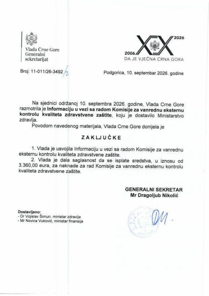 Informacija u vezi sa radom Komisije za vanrednu eksternu kontrolu kvaliteta zdravstvene zaštite u vezi sa pružanjem zdravstvene zaštite sada pokojnom M.B. iz Berana - Zaključci