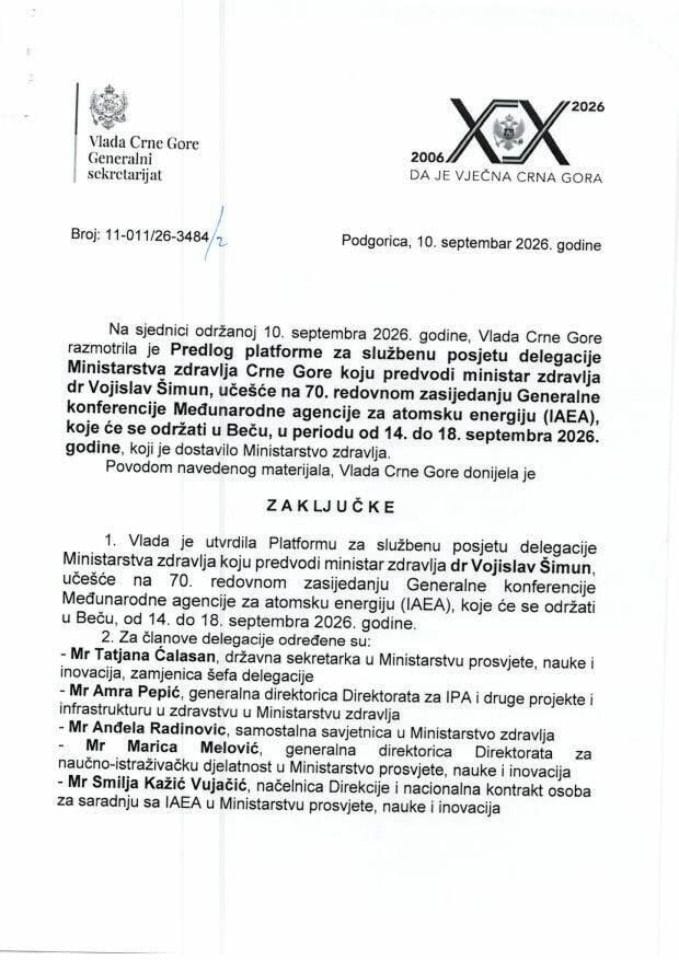 Predlog platforme za službenu posjetu delegacije Ministarstva zdravlja Crne Gore koju predvodi ministar zdravlja dr Vojislav Šimun, učešće na 70. redovnom zasijedanju Generalne konferencije Međunarodne agencije za atomsku energiju - Zaljučci