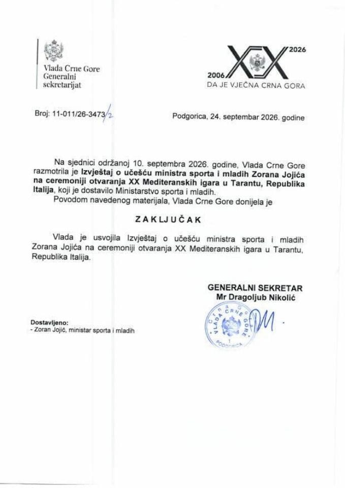 Izvještaj o učešću ministra sporta i mladih Zorana Jojića na ceremoniji otvaranja XX Mediteranskih igara u Tarantu, Republika Italija - Zaključci