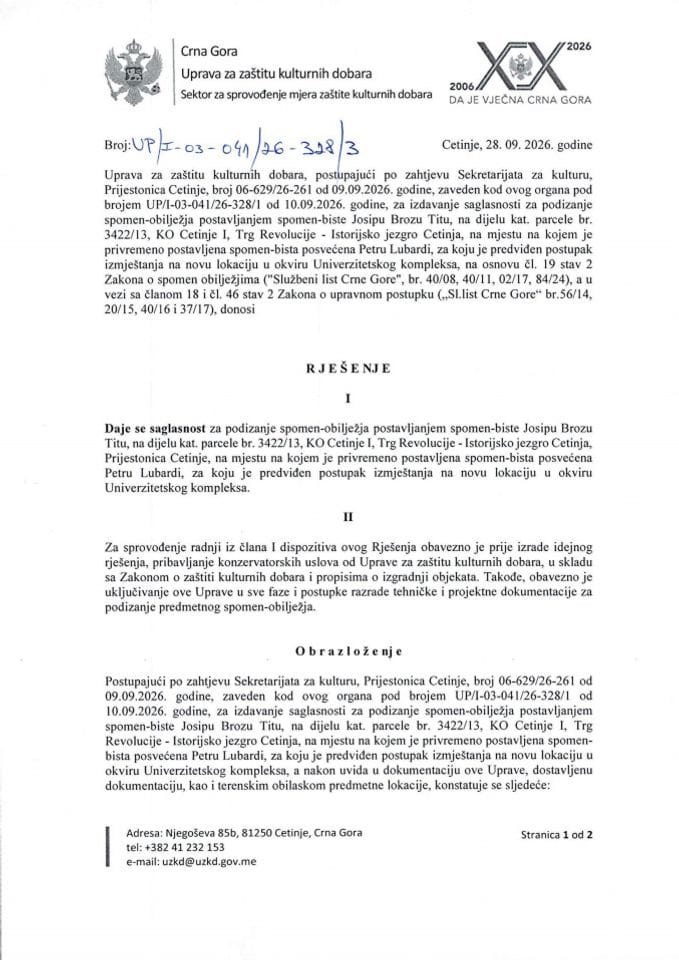 Rješenje o saglasnosti za podizanje spomen-obilježja UP-I-03-041-26-328-3 od 28.09.2026.