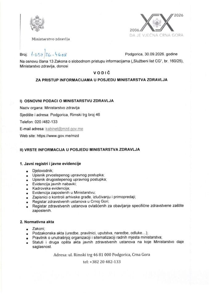 VODIČ ZA PRISTUP INFORMACIJAMA U POSJEDU MINISTARSTVA ZDRAVLJA