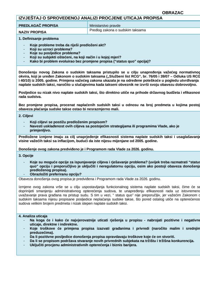 RIA  obrazac - Zakon o sudskim taksama