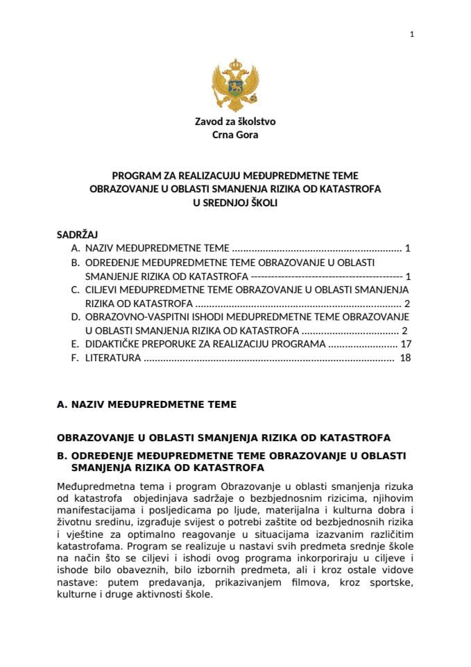 PROGRAM ZA REALIZACUJU MEĐUPREDMETNE TEME  OBRAZOVANJE U OBLASTI SMANJENJA RIZIKA OD KATASTROFA