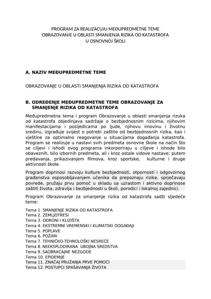 PROGRAM ZA REALIZACUJU MEĐUPREDMETNE TEME  OBRAZOVANJE U OBLASTI SMANJENJA RIZIKA OD KATASTROFA
