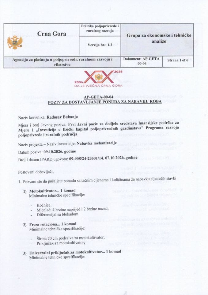Poziv za dostavljanje ponuda-Radosav Bubanja