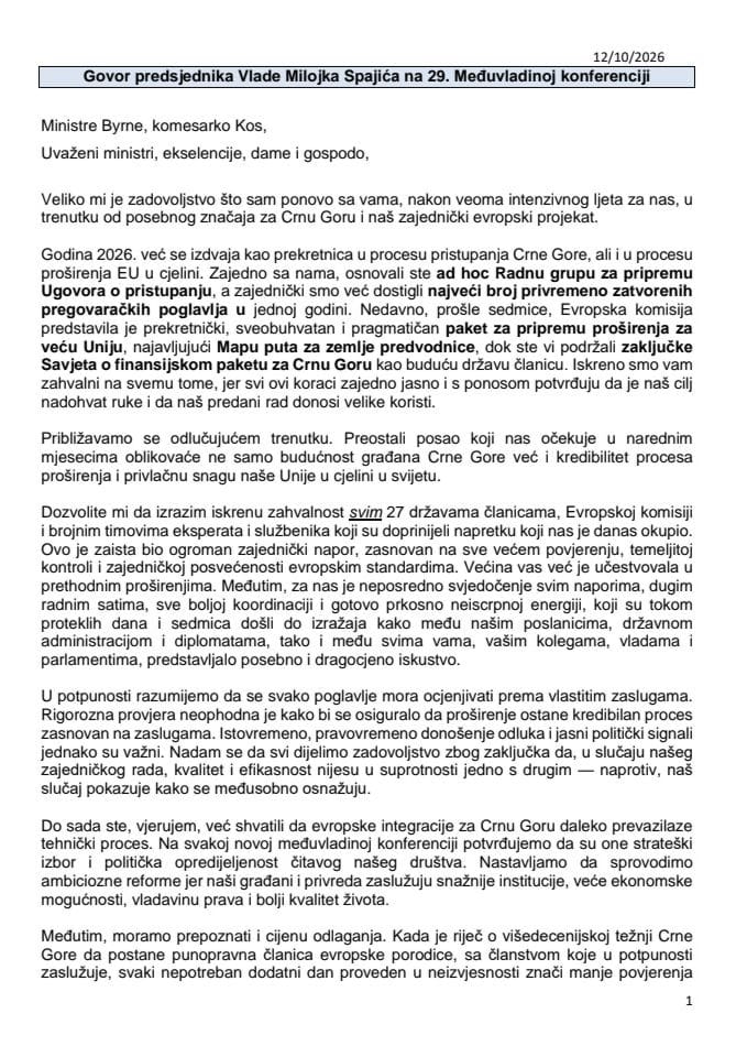 Govor predsjednika Vlade Milojka Spajića na 29. Međuvladinoj konferenciji