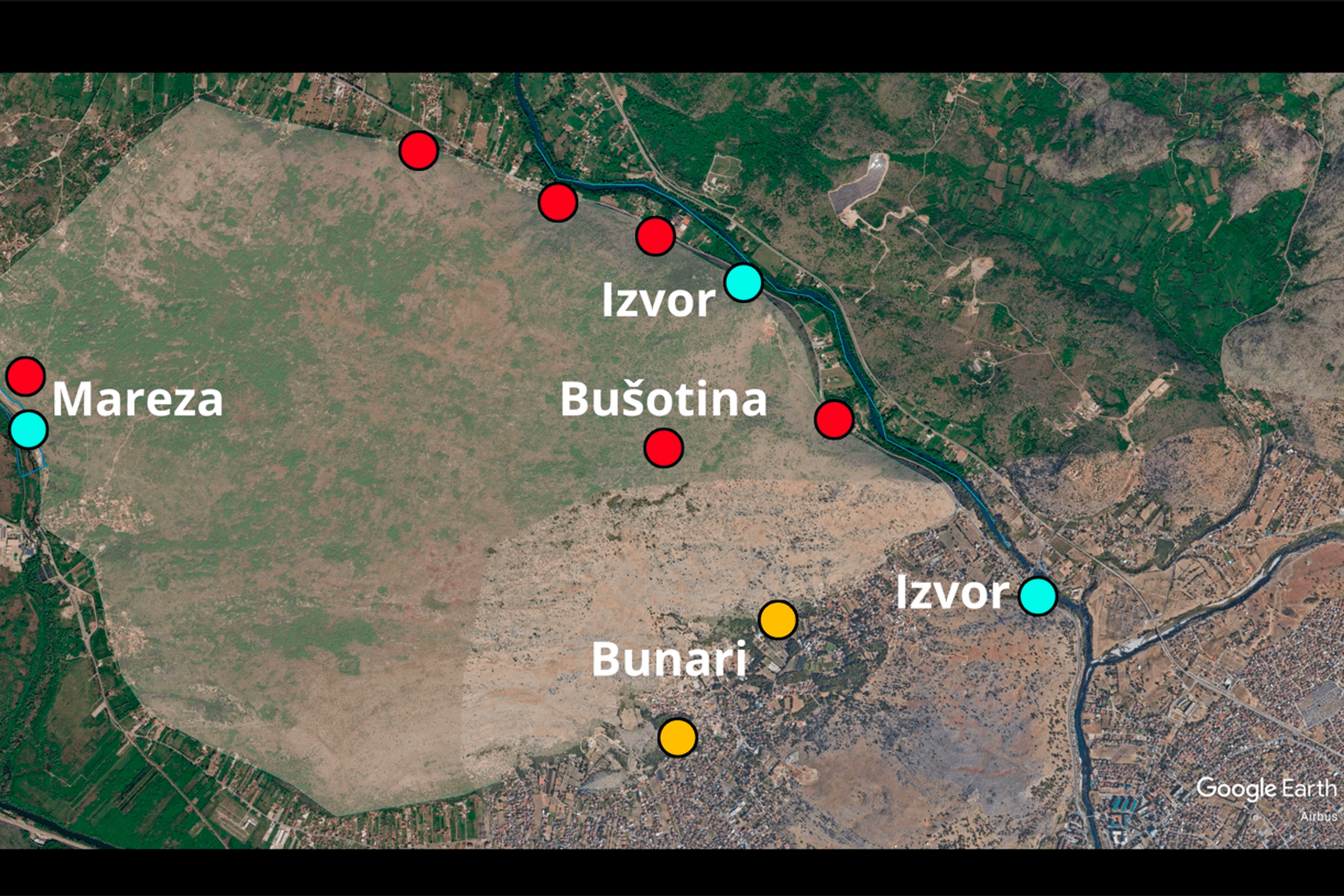 Mapa izvora, reprezentativnih bunara i bušotina (crvene tačke). Traser će se injektovati u bušotinu na Veljem brdu
