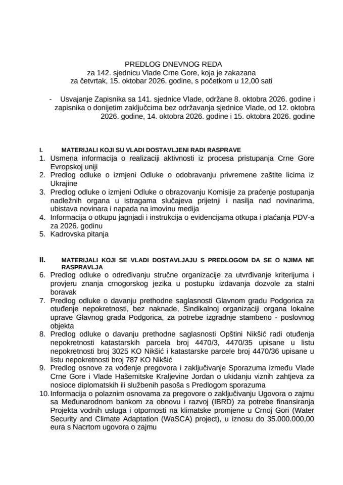 Предлог дневног реда за 142. сједницу Владе Црне Горе