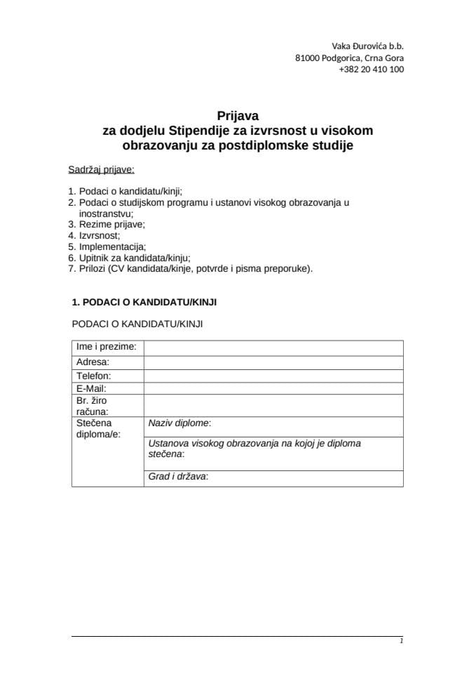 Prijavni formular-postdiplomske studije