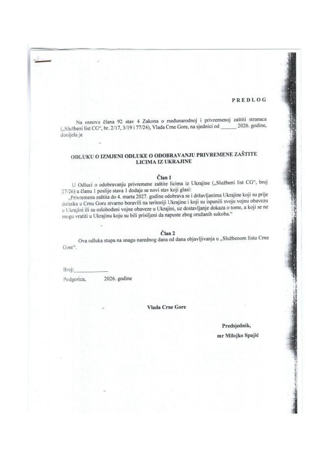 Predlog odluke o izmjeni Odluke o odobravanju privremene zaštite licima iz Ukrajine