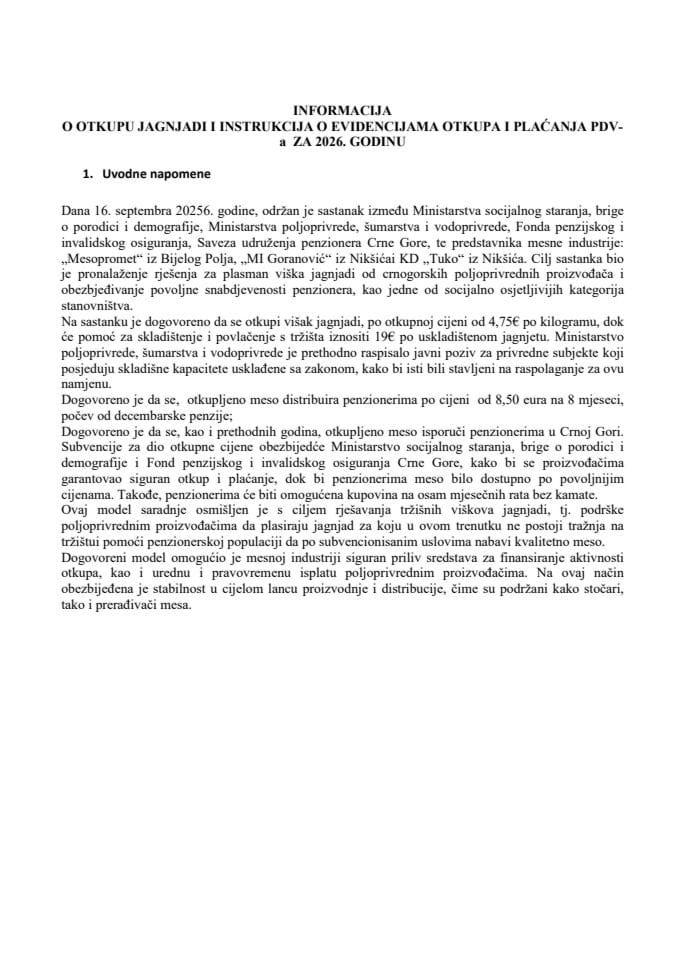 Informacija o otkupu jagnjadi i instrukcija o evidencijama otkupa i plaćanja PDV-a za 2026. godinu