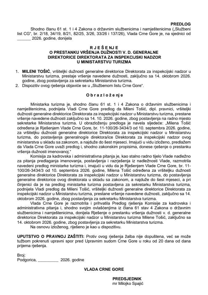 Predlog za prestanak vršenja dužnosti v. d. generalne direktorice Direktorata za inspekcijski nadzor u Ministarstvu turizma
