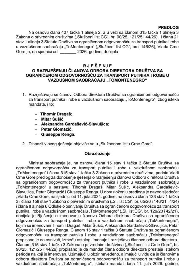 Predlog za razrješenje članova Odbora direktora Društva sa ograničenom odgovornošću za transport putnika i robe u vazdušnom saobraćaju  „ToMontenegro“