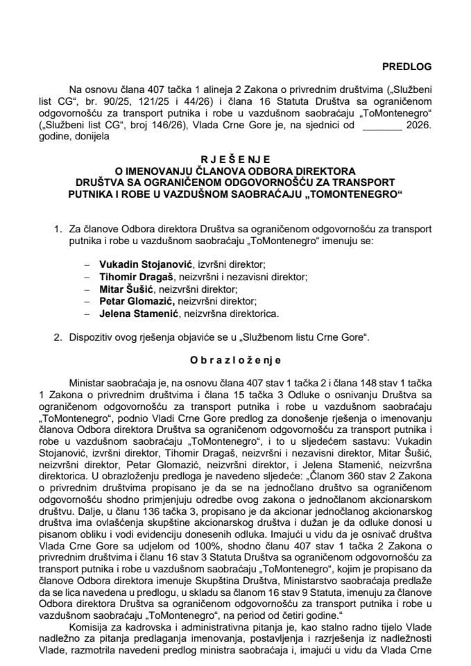 Predlog za imenovanje članova Odbora direktora Društva sa ograničenom odgovornošću za transport putnika i robe u vazdušnom saobraćaju „ToMontenegro“
