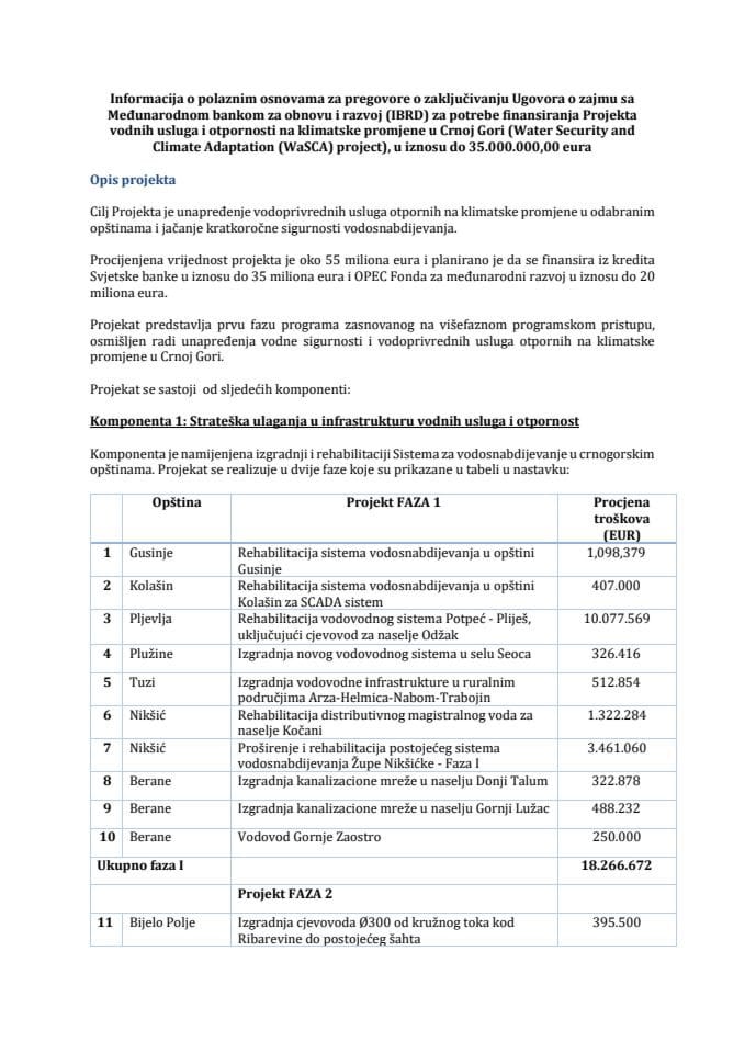 Informacija o polaznim osnovama za pregovore o zaključivanju Ugovora o zajmu sa Međunarodnom bankom za obnovu i razvoj (IBRD) za potrebe finansiranja Projekta vodnih usluga i otpornosti na klimatske promjene u Crnoj Gori