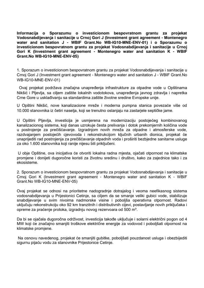Informacija o Sporazumu o investicionom bespovratnom grantu za projekat Vodosnabdijevanja i sanitacije u Crnoj Gori J (Investment grant agreement - Montenegro water and sanitation J - WBIF Grant.No WB-IG10-MNE-ENV-01)
