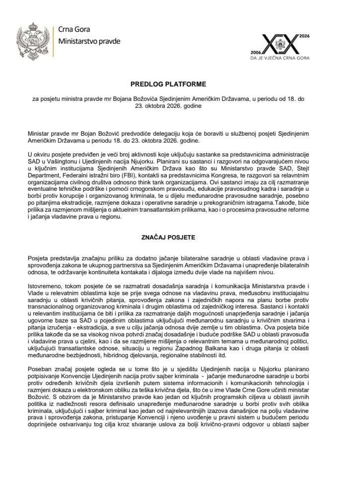 Predlog platforme za posjetu ministra pravde mr Bojana Božovića Sjedinjenim Američkim Državama, u periodu od 18. do 23. oktobra 2026. godine