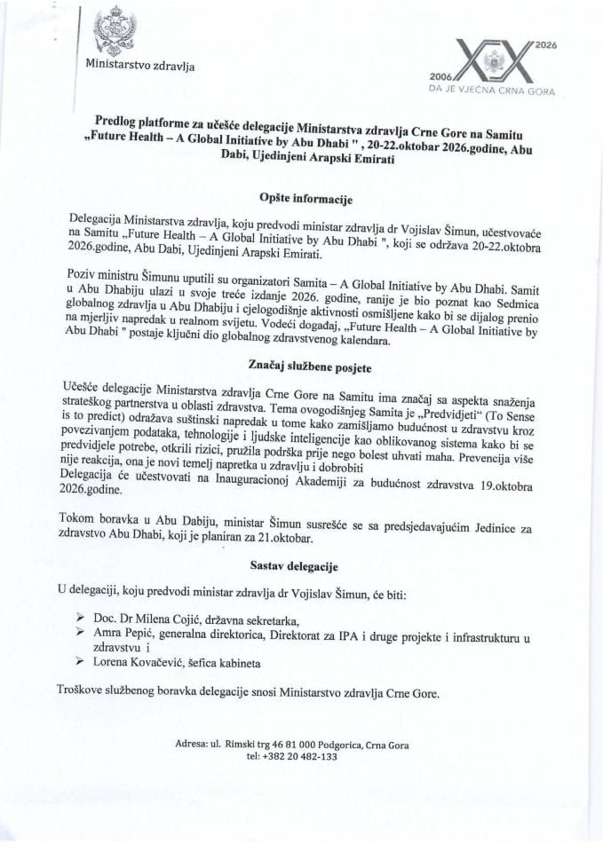 Predlog platforme za učešće delegacije Ministarstva zdravlja Crne Gore na Samitu„Future Health - A Global Initiative by Abu Dhabi“, 20 - 22. oktobar 2026. godine, Abu Dabi, Ujedinjeni Arapski Emirati