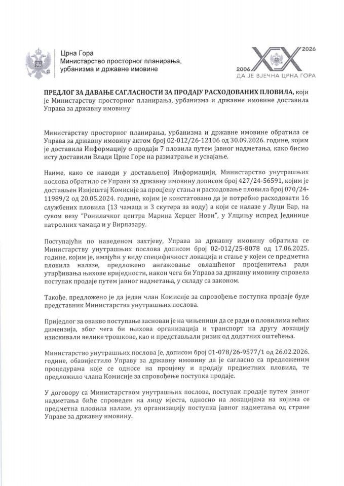 Predlog za davanje saglasnosti za prodaju rashodovanih plovila s Predlogom ugovora