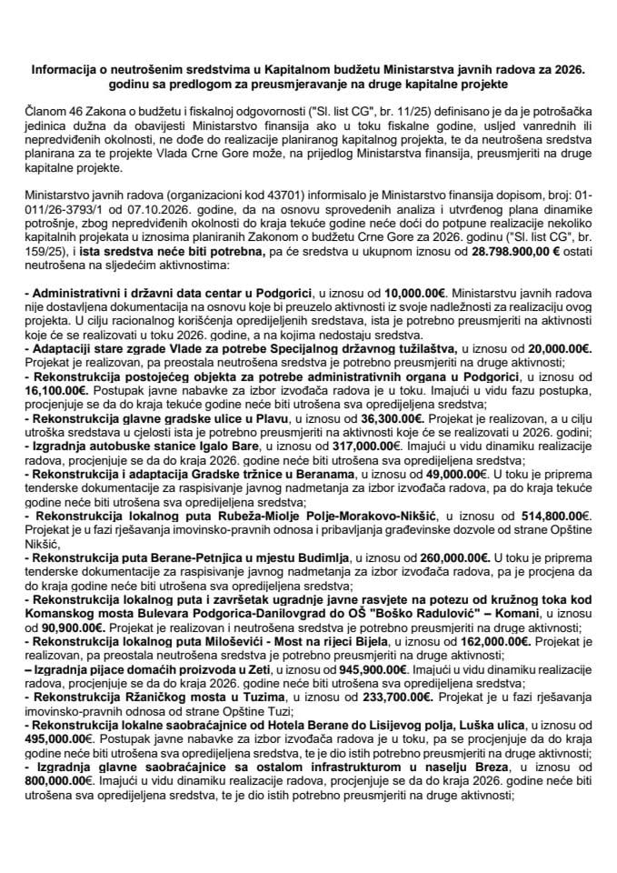 Informacija o neutrošenim sredstvima u Kapitalnom budžetu Ministarstva javnih radova za 2026. godinu sa predlogom za preusmjeravanje na druge kapitalne projekte