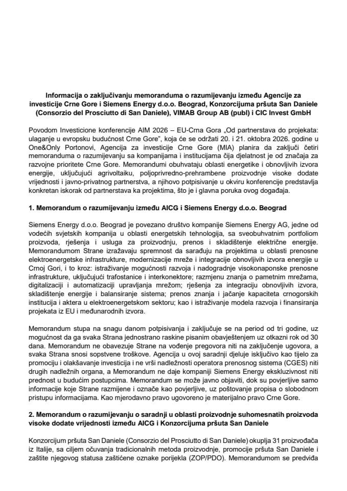 Informacija o zaključivanju Memoranduma o razumijevanju između Agencije za investicije Crne Gore i Siemens Energy d.o.o. Beograd, Konzorcijuma pršuta San Daniele