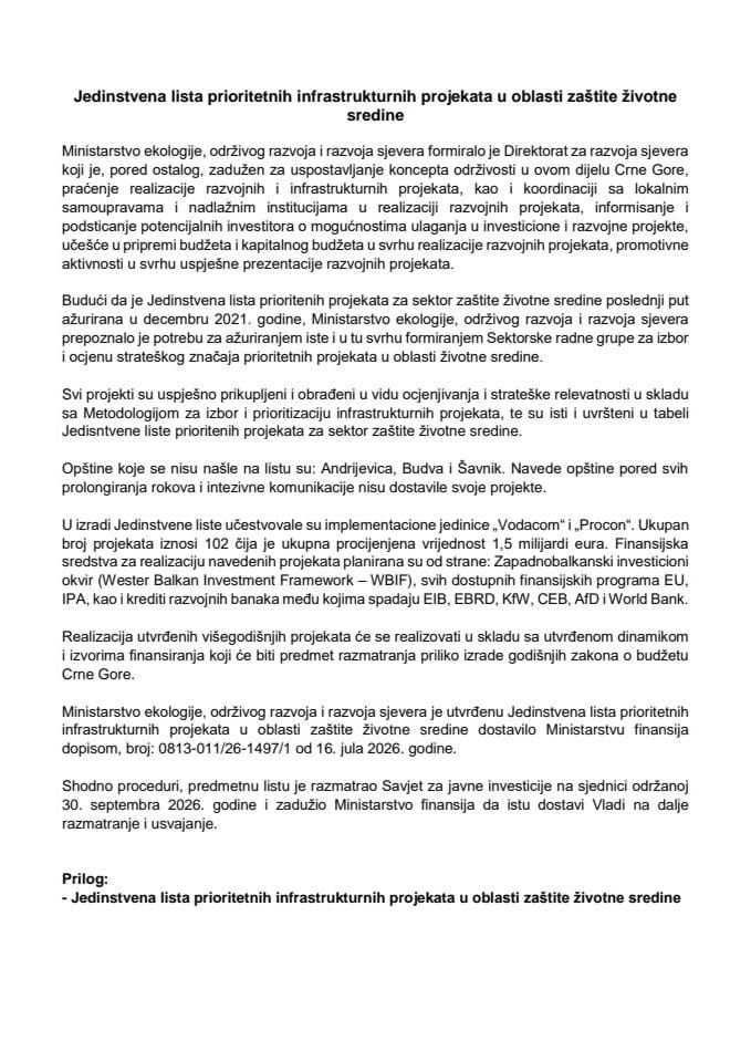 Jedinstvena lista prioritetnih infrastrukturnih projekata u oblasti zaštite životne sredine