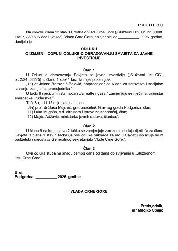 Predlog odluke o izmjeni i dopuni Odluke o obrazovanju Savjeta za javne investicije