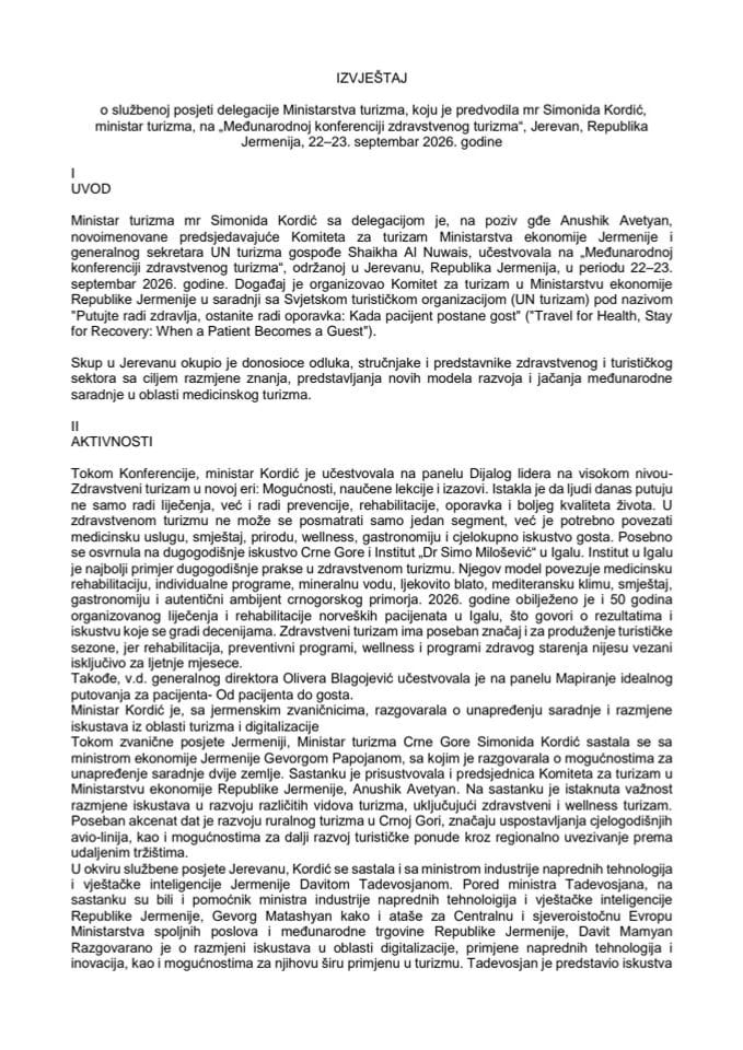 Izvještaj o službenoj posjeti delegacije Ministarstva turizma, koju je predvodila mr Simonida Kordić, ministar turizma, na „Međunarodnoj konferenciji zdravstvenog turizma“, Jerevan, Republika Jermenija, 22-23. septembar 2026. godine
