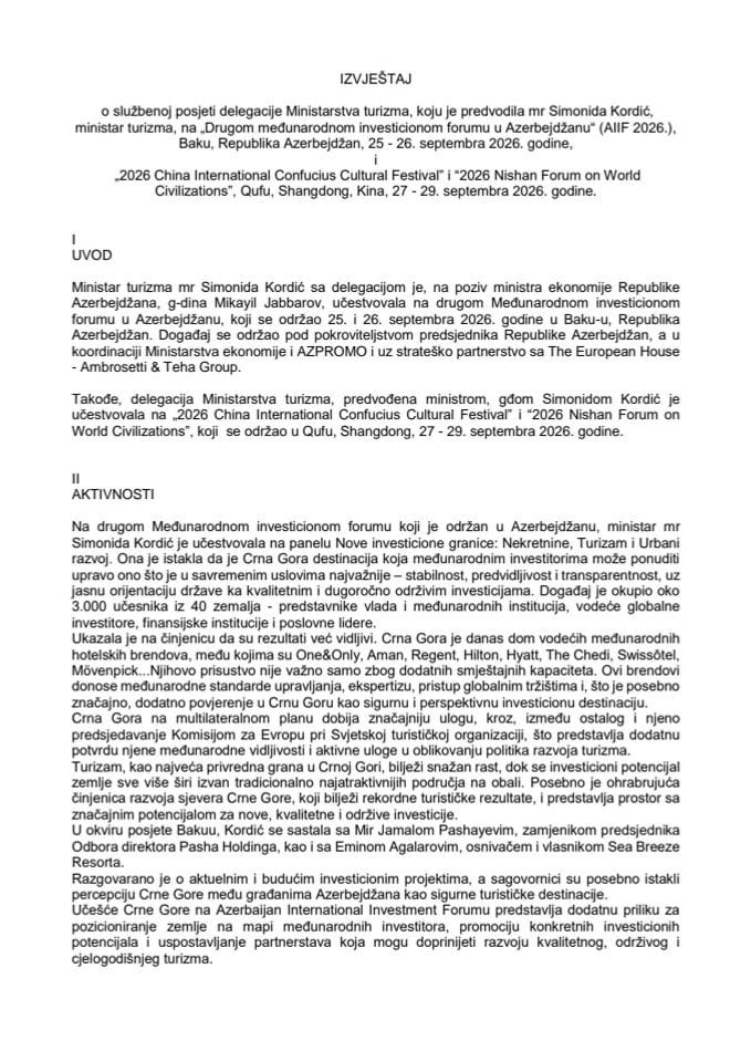 Izvještaj o službenoj posjeti delegacije Ministarstva turizma, koju je predvodila mr Simonida Kordić, ministar turizma, na „Drugom međunarodnom investicionom forumu u Azerbejdžanu“ (AIIF2026.), Baku, Republika Azerbejdžan